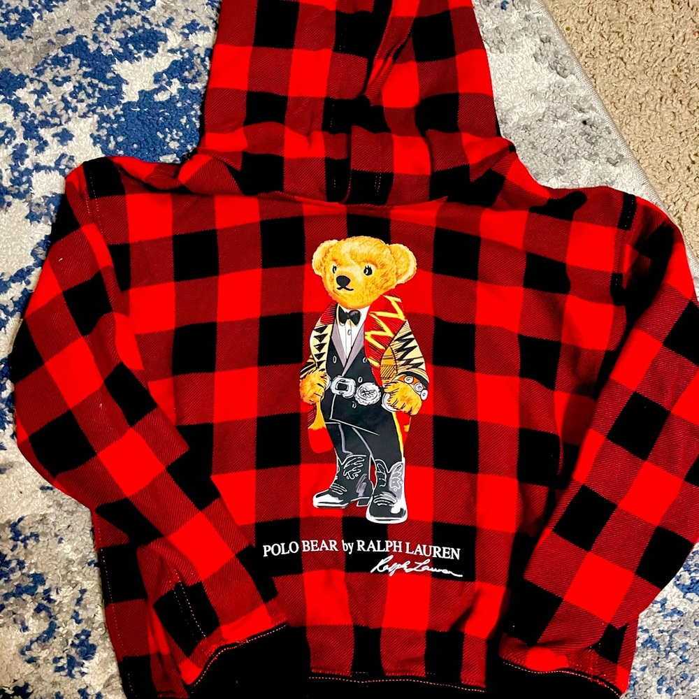 Polo Bear hoodie sweatshirt. Plaid. Perfect for the holiday. Boys size M (8-10)